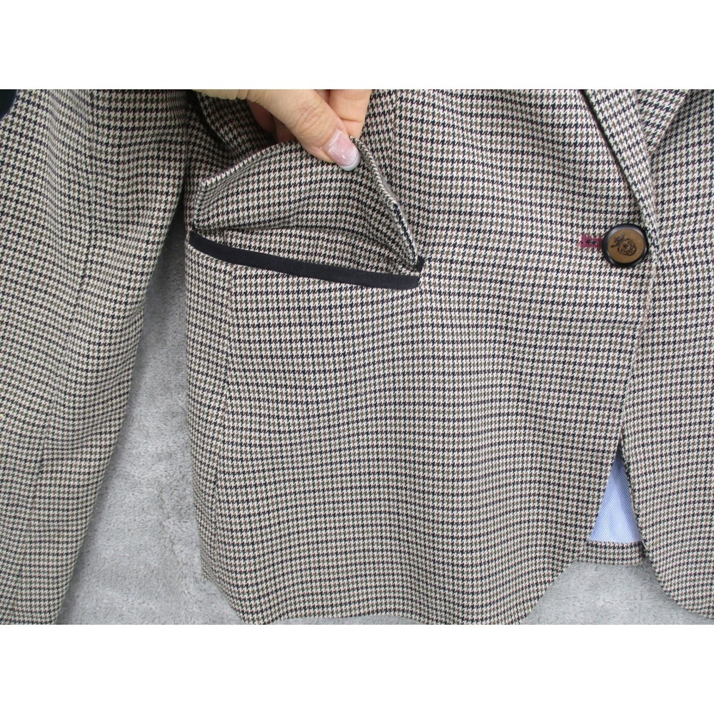 British Khaki Blazer Womens Medium Houndstooth Elbow Patch Academia Preppy Lined - Picture 5 of 10